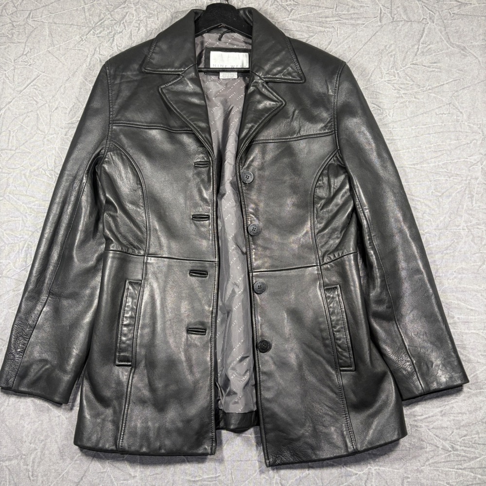 Vintage Nine West Black Genuine Leather Button-Front Car Coat - Size Medium